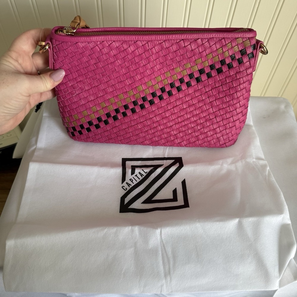 Capital Z  Call  It a Day Crossbody Bag Purse Pink Black Tan Woven Leather New